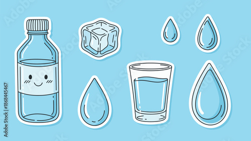 Collection of Cute Water-Themed Icons Bottle, Glass, Ice Cubes, and Water Droplets on a Blue Background