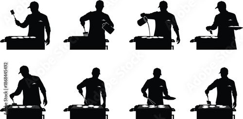 Silhouettes of chefs cooking on grills grilling