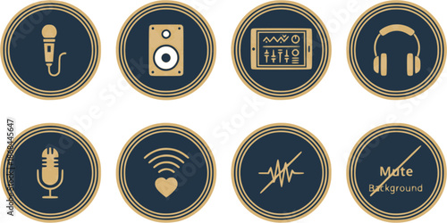 Professional wedding audio-visual icons. Flat vector set featuring microphones, speakers, and tablet mixers. High-quality gold and charcoal graphics on white background.