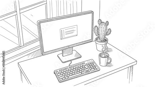 Hand-drawn illustration of a home office desk. Computer, keyboard, mouse, cactus, and coffee by window, portraying a focused remote workspace