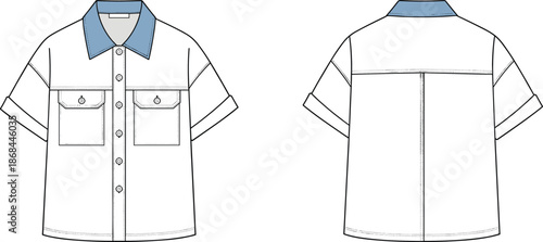White shirt with blue collar and cuffs front and back view short sleeves button down