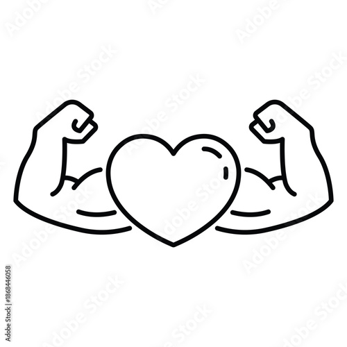Line art heart with muscular arms, powerful heart health, cardiovascular strength, medical fitness drawing