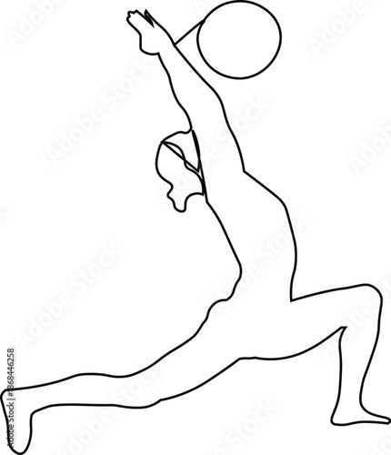 Man doing lunge exercise holding ball. Line art vector illustration of fitness workout, yoga pose, and physical training isolated on white background.