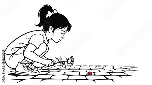 A young girl crouches down to place a rose on a cracked sidewalk next to a red heart