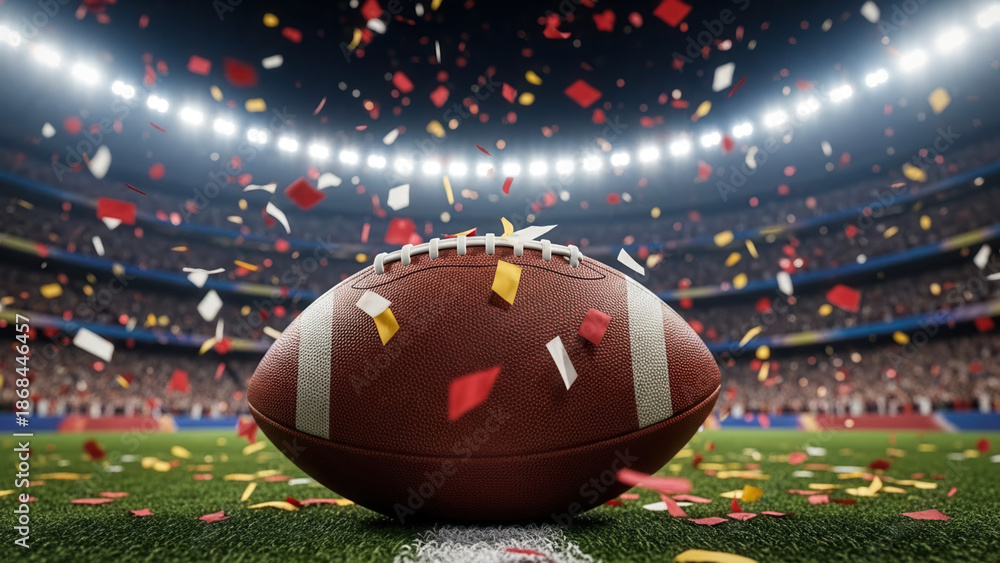 Obraz premium American football with confetti in stadium, sports celebration and victory atmosphere