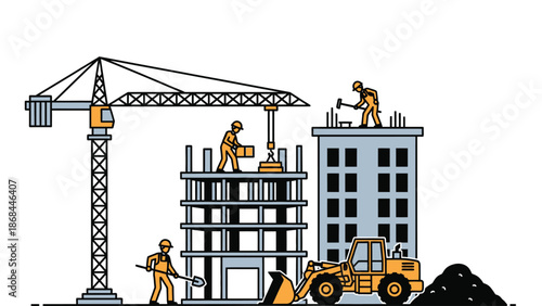A construction site with workers and heavy machinery building a new structure