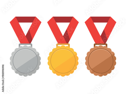 Gold, Silver, and Bronze Medals with Red Ribbons for Awards and Recognition