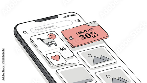 Mobile phone screen displaying online shopping interface with discount offer and cart items