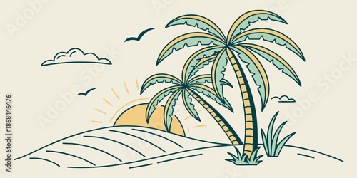 vector illustration of a tropical island trees and sun