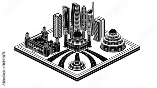 A black and white illustration of the Abu Dhabi city skyline and architecture