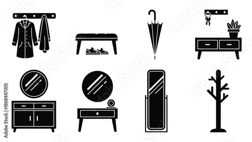 A collection of black and white icons depicting various household furniture items