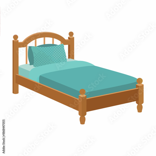 Wooden Bed with Turquoise Bedding in Simple Room Setting