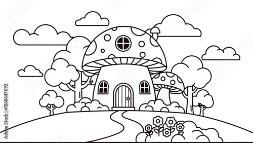 A whimsical cartoon house shaped like a mushroom in a serene natural landscape