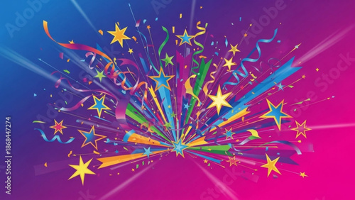 Vibrant colorful starburst explosion with rainbow hues and dynamic streaks on a gradient background for celebration and party decoration with festive