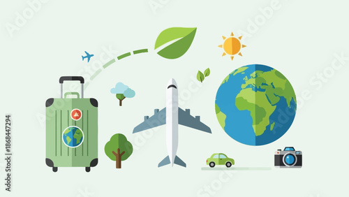 Global eco-tourism concept illustrating sustainable travel with transportation icons, a suitcase, camera, and earth, highlighting environmental responsibility and exploration
