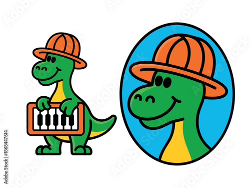Cartoon Dinosaur Wearing Orange Hard Hat and Playing Keyboard Instrument