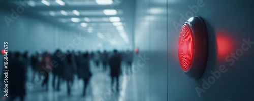 Red emergency button glowing in dark corridor with reflective surfaces and repeated lights creating futuristic atmosphere