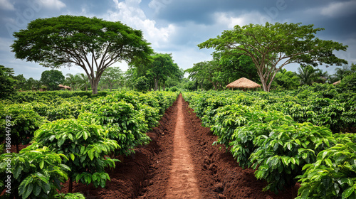 A coffee farm with rows of ...