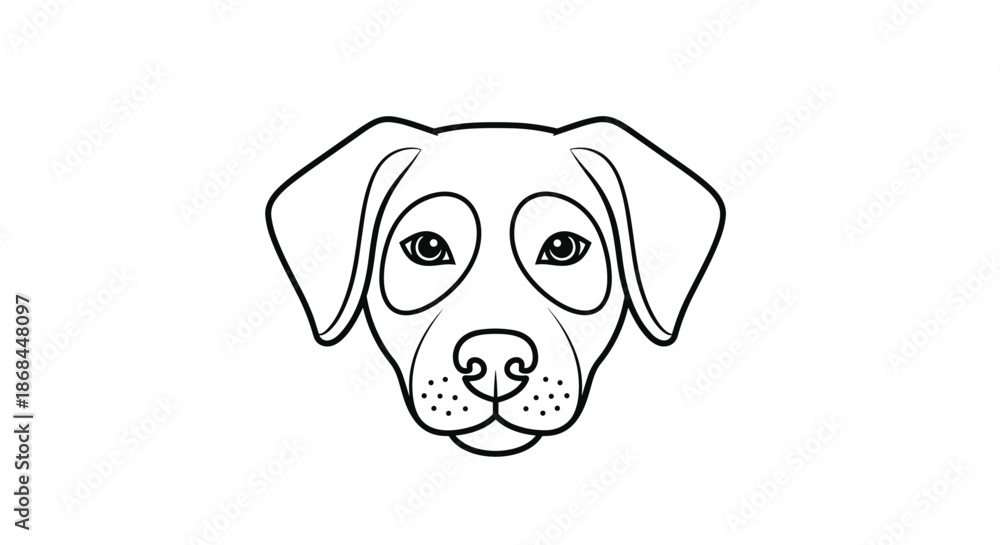 Fototapeta premium Black and white outline of a friendly dog face with large ears and gentle eyes on a plain white background.