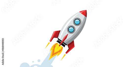 Rocket ship launches into the sky with orange flames and gray smoke billowing out against a white background.