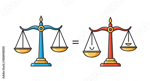Blue and red legal balance scales icons standing side by side representing equality justice and legal systems.