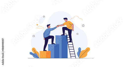 Man reaches down from a high blue block to help his colleague climb up during a collaborative teamwork effort.