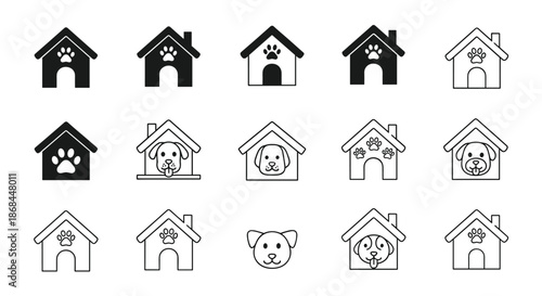 Collection of dog house and pet shelter icons featuring paw prints and cute canine faces in outline style.