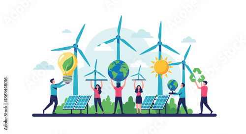 Large group of environmental activists promote renewable energy with solar panels wind turbines and green icons.