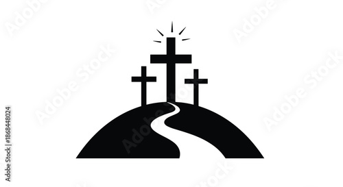 Three crosses stand on top of a hill with a winding path leading to the center under rays of light.