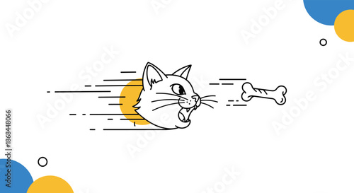 Animated cat head with speed lines chases after a floating bone symbol on a white background with circles.