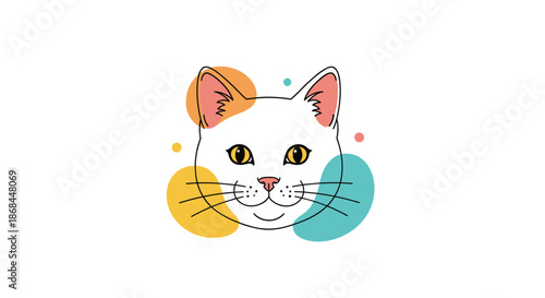 Stylized white cat head portrait with yellow eyes and colorful abstract circles on a plain white background.
