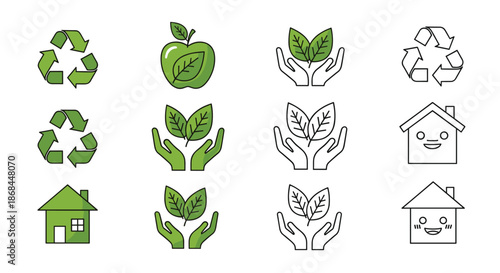 Set of environmental icons including recycling signs green leaves organic food and eco friendly houses.