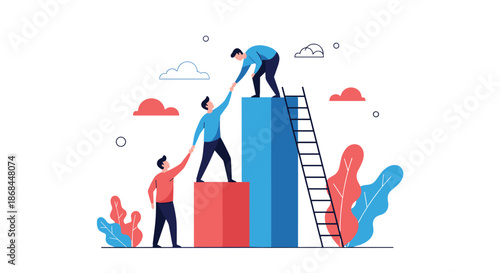Group of three professionals help each other climb up colorful bar chart columns to reach their shared goals.