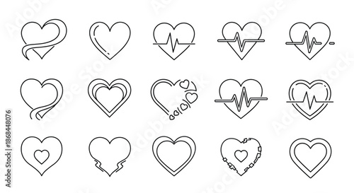 Large set of heart icons and medical heartbeat symbols in black outline style for health and romance designs.