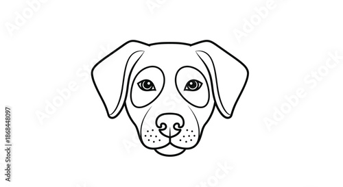 Black and white outline of a friendly dog face with large ears and gentle eyes on a plain white background.