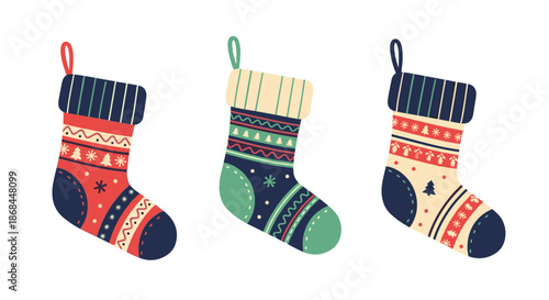 Three colorful Christmas stockings with festive patterns and decorative ornaments hang on a white background.
