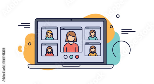 Laptop computer screen displaying a video conference with multiple participants for remote team communication.