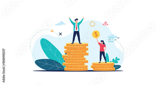 Successful business people celebrating financial growth while standing on top of large stacks of golden coins.