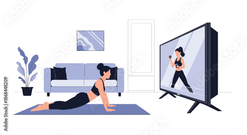 Healthy woman practicing yoga at home in her living room while following an online fitness class on a television.