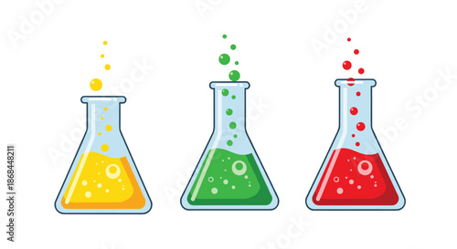 Laboratory glass flasks containing yellow, green, and red bubbling liquids for scientific research and experiments.