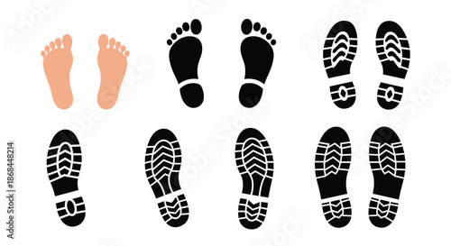 Various styles of human footprints and shoe prints illustrating movement, tracking, and walking path concepts.