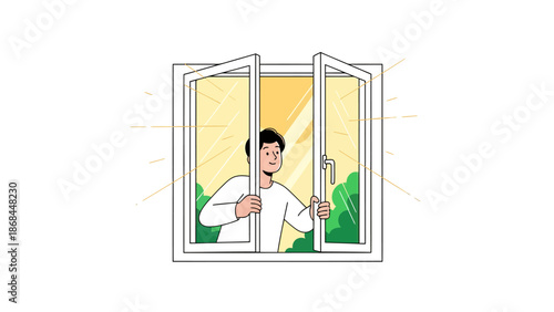 Man opening window to fresh air with sunny outdoor view