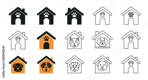 Selection of dog house icons and various dog breed face illustrations for pet care services, veterinary clinics, or kennel branding.