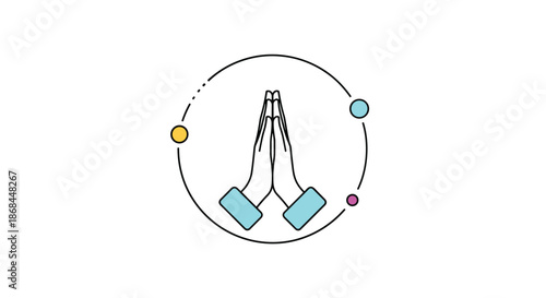 Minimalist icon of praying hands inside a circle with colorful dots representing spirituality, faith, and hope in a modern design style.