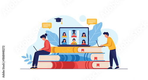 Online education concept with students using laptops while sitting on giant books with a virtual classroom shown on a computer screen.