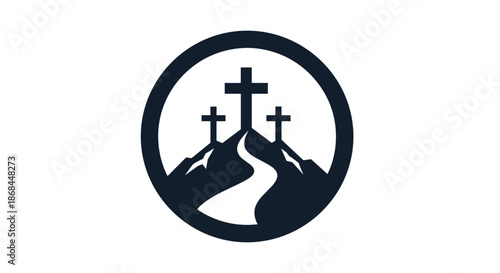 Silhouette icon of three crosses on a mountain with a path leading up inside a circle for religious and spiritual thematic designs.