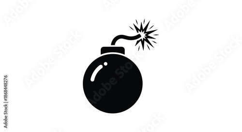 Simple black icon of a round bomb with a lit and sparkling fuse for concepts of danger, explosion, or time sensitivity in flat design.