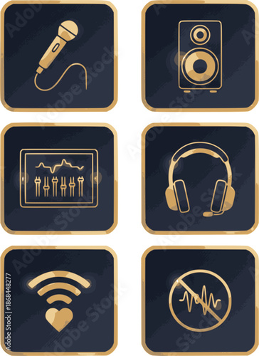 Professional wedding audio-visual icons. Flat vector set featuring microphones, speakers, and tablet mixers. High-quality gold and charcoal graphics on white background.