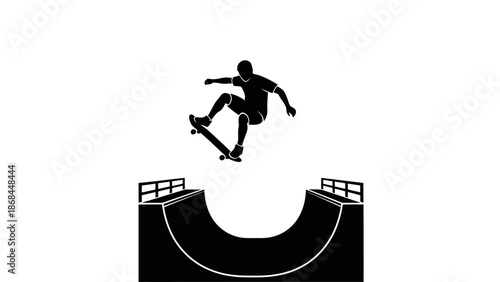 A skateboarder performs a trick on a skate ramp in a black and white illustration