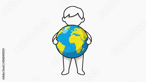 Cartoon child holding the Earth globe with care